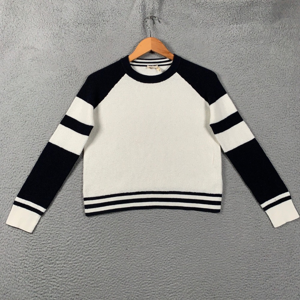 Faherty Throwback Crew Sweater Womens Small S White Navy Striped Cotton Cashmere
